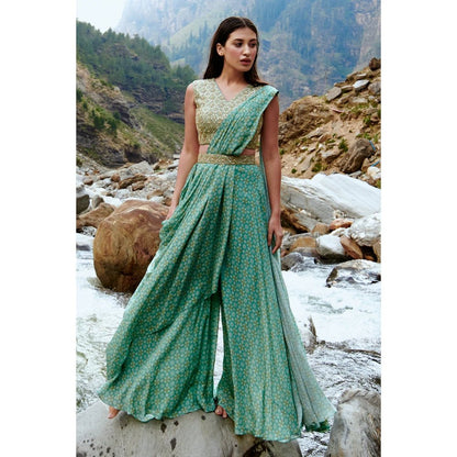 Paulmi & Harsh Luxe Blue Geometric Print Pre Draped Saree with Stitched Blouse