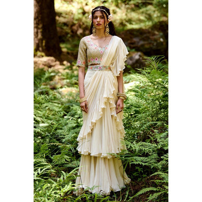 Paulmi & Harsh Off White 2-layered Pre Draped Saree with Stitched Blouse