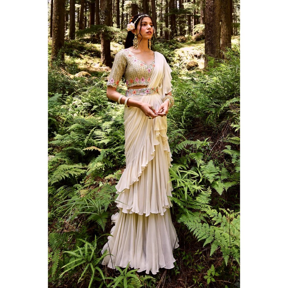 Paulmi & Harsh Off White 2-layered Pre Draped Saree with Stitched Blouse