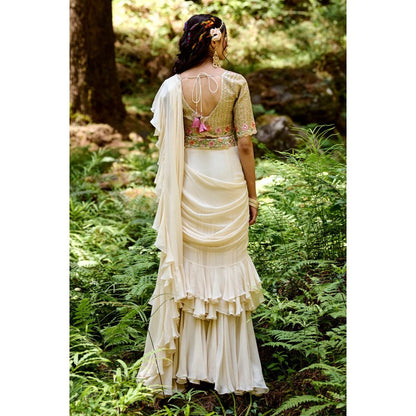 Paulmi & Harsh Off White 2-layered Pre Draped Saree with Stitched Blouse
