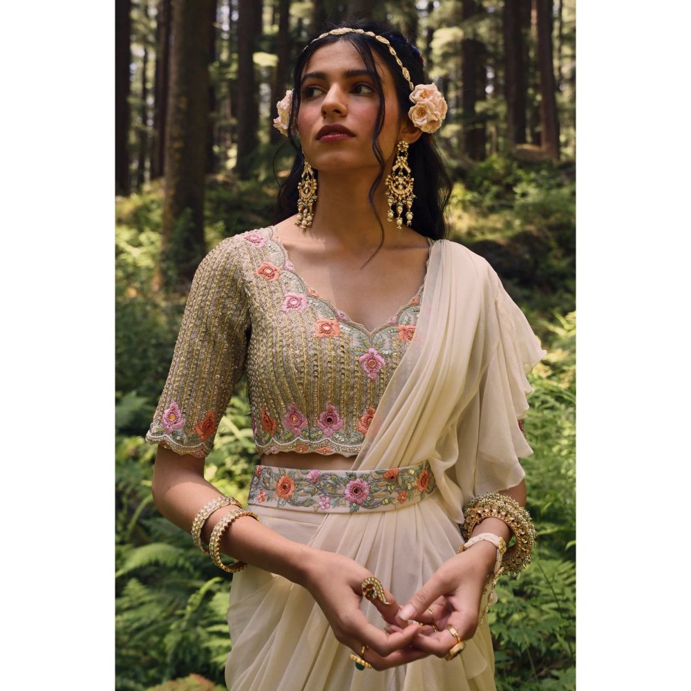 Paulmi & Harsh Off White 2-layered Pre Draped Saree with Stitched Blouse