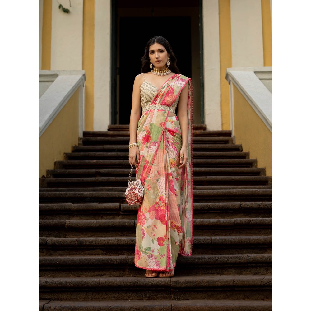 Paulmi & Harsh Bloom With Grace Naksha Saree with Stitched Blouse (Set of 3)