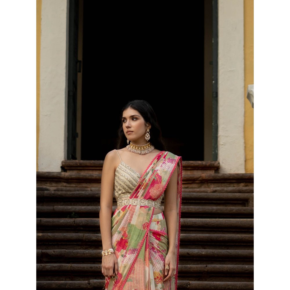 Paulmi & Harsh Bloom With Grace Naksha Saree with Stitched Blouse (Set of 3)