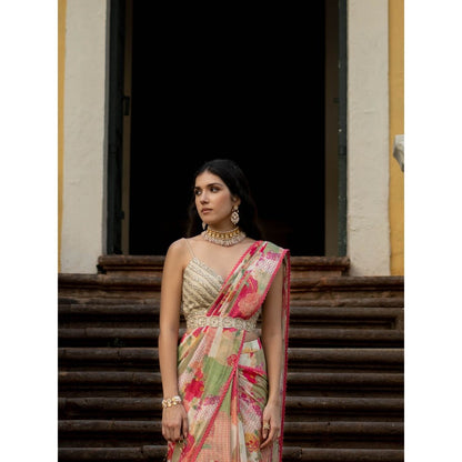 Paulmi & Harsh Bloom With Grace Naksha Saree with Stitched Blouse (Set of 3)