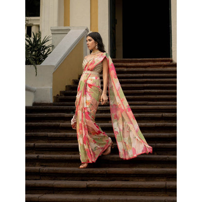 Paulmi & Harsh Bloom With Grace Naksha Saree with Stitched Blouse (Set of 3)