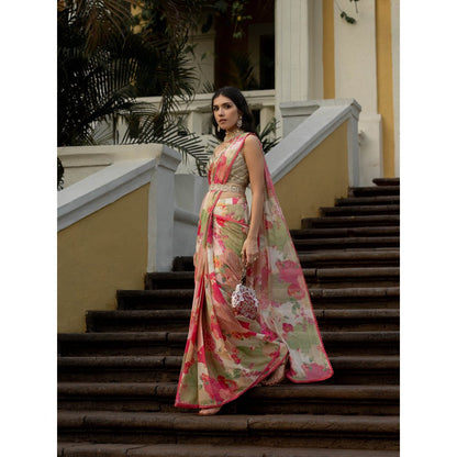 Paulmi & Harsh Bloom With Grace Naksha Saree with Stitched Blouse (Set of 3)