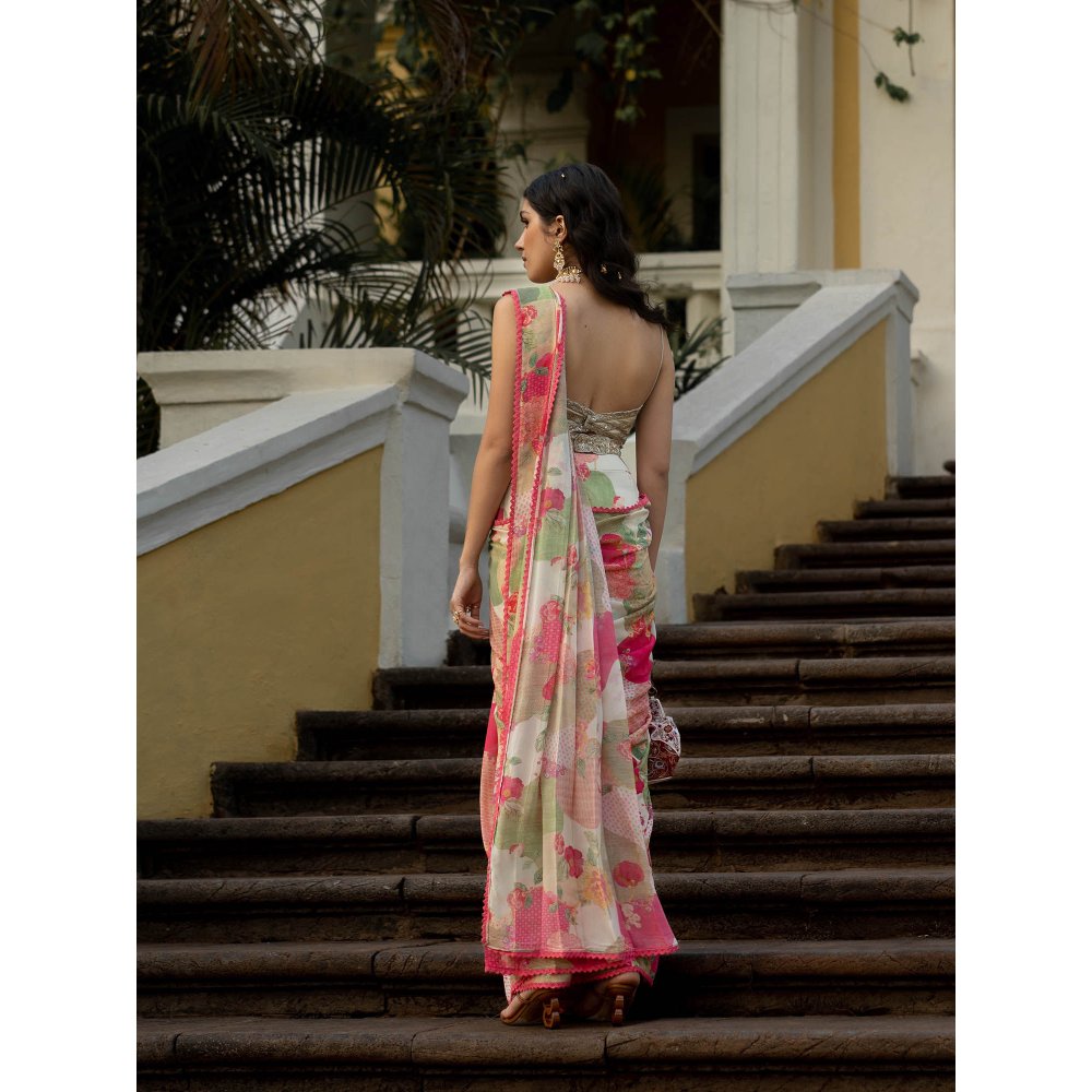 Paulmi & Harsh Bloom With Grace Naksha Saree with Stitched Blouse (Set of 3)