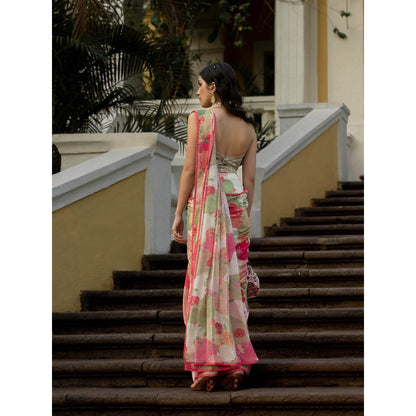 Paulmi & Harsh Bloom With Grace Naksha Saree with Stitched Blouse (Set of 3)