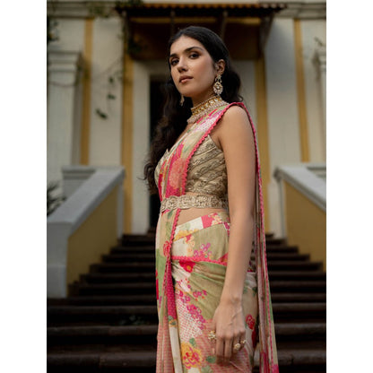 Paulmi & Harsh Bloom With Grace Naksha Saree with Stitched Blouse (Set of 3)