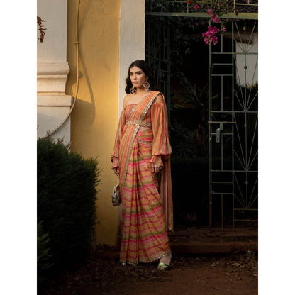 Paulmi & Harsh Vintage Stripe Sari with Stitched Blouse (Set of 3)