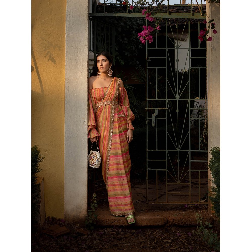 Paulmi & Harsh Vintage Stripe Sari with Stitched Blouse (Set of 3)