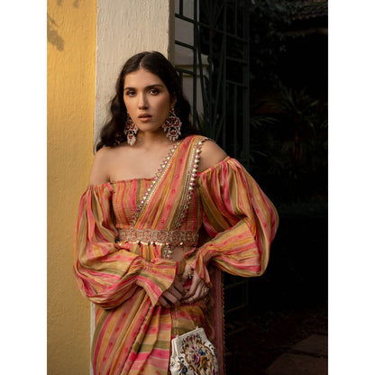 Paulmi & Harsh Vintage Stripe Sari with Stitched Blouse (Set of 3)