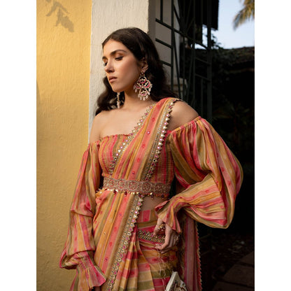 Paulmi & Harsh Vintage Stripe Sari with Stitched Blouse (Set of 3)