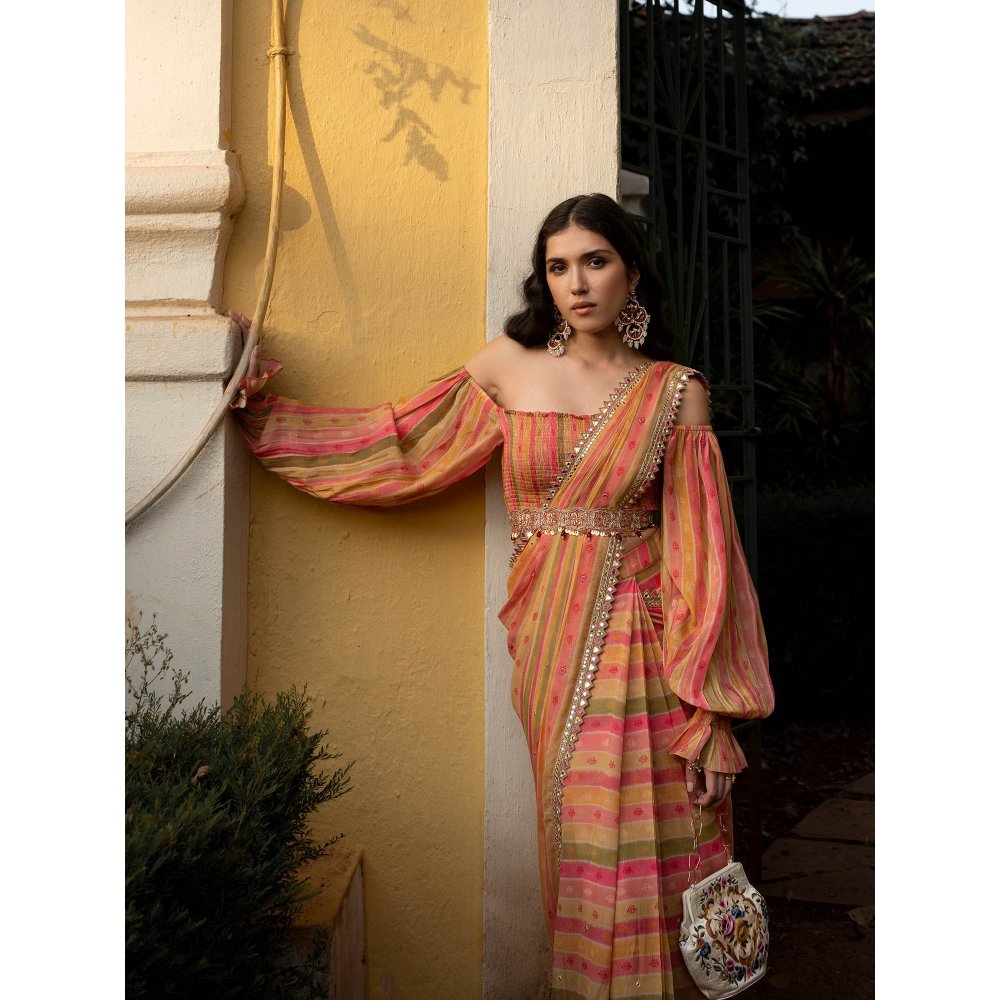 Paulmi & Harsh Vintage Stripe Sari with Stitched Blouse (Set of 3)