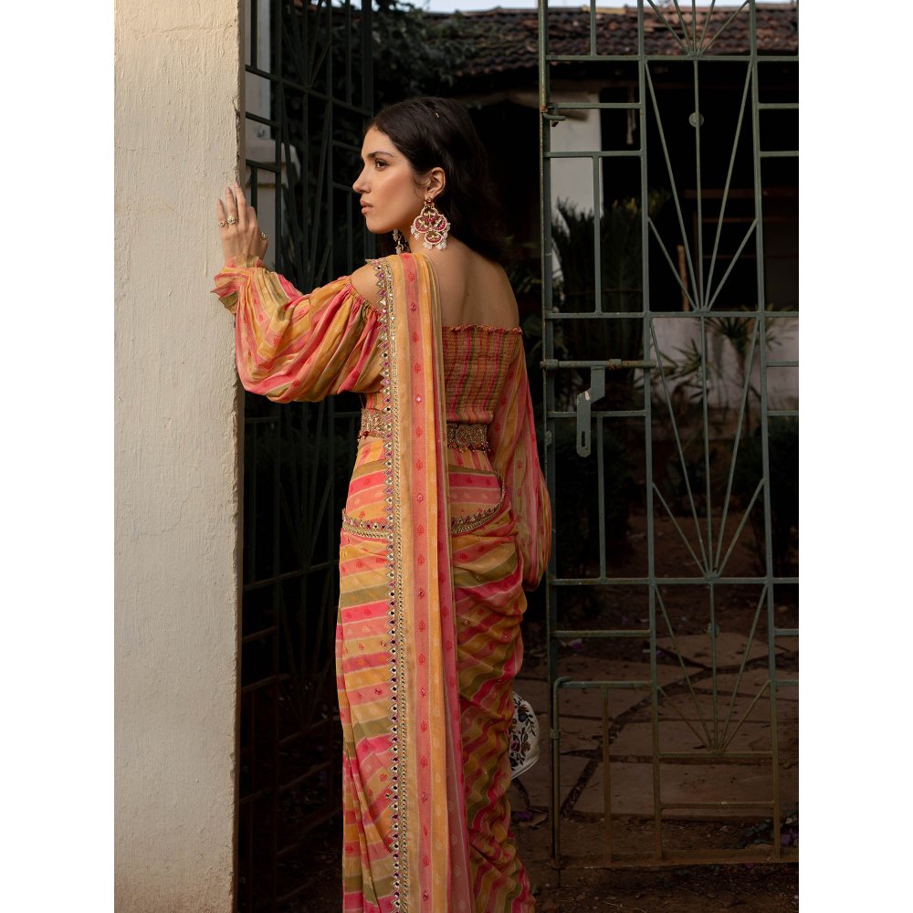 Paulmi & Harsh Vintage Stripe Sari with Stitched Blouse (Set of 3)