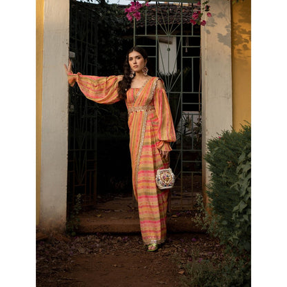 Paulmi & Harsh Vintage Stripe Sari with Stitched Blouse (Set of 3)