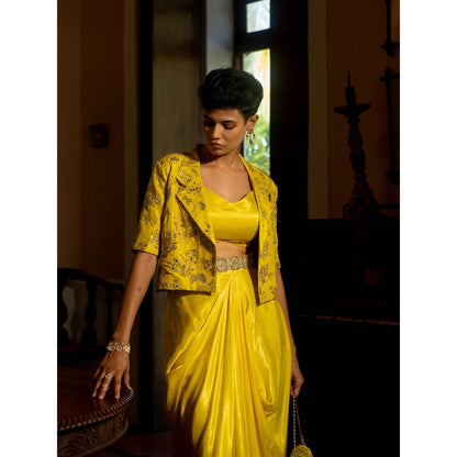 Paulmi & Harsh Refreshing Yellow Self Woven Jacket (Set of 4)