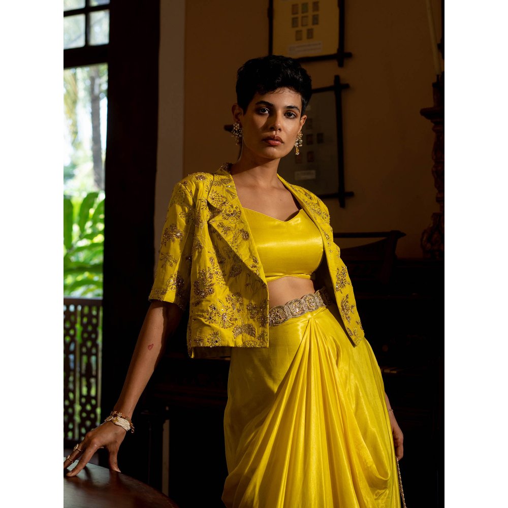 Paulmi & Harsh Refreshing Yellow Self Woven Jacket (Set of 4)