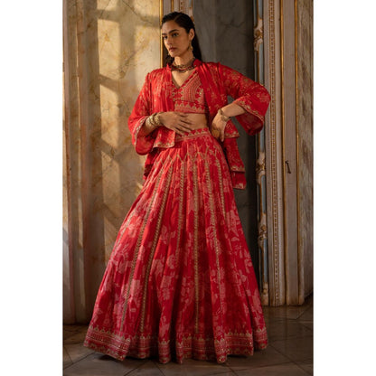 Paulmi & Harsh Eyana Cotton Silk Red Lehenga and Blouse With Cape
