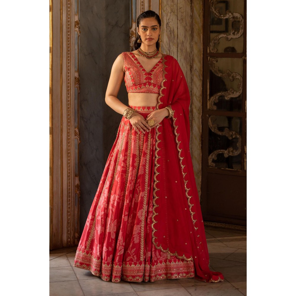Paulmi & Harsh Eyana Cotton Silk Red Lehenga and Blouse With Dupatta