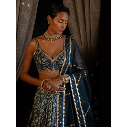 Paulmi & Harsh Eila Cotton Silk Navy Blue Lehenga and Blouse With Dupatta