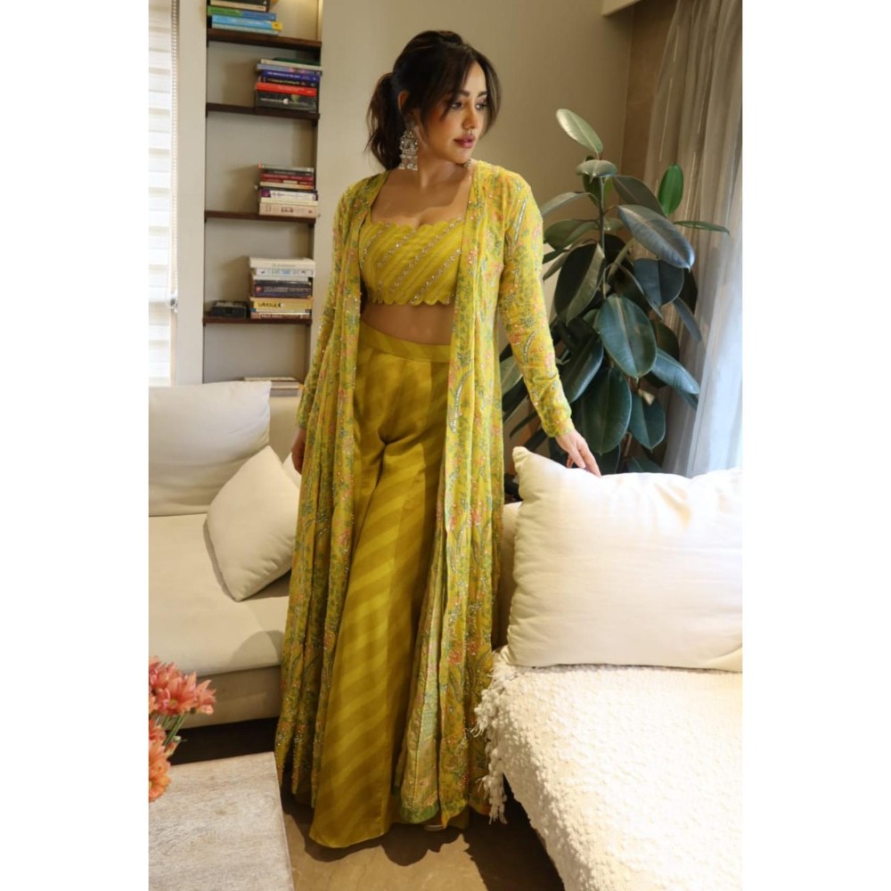 Paulmi & Harsh Neha Sharma In The Yami Lime Yellow Lehenga & Blouse and Palazzo With Jacket