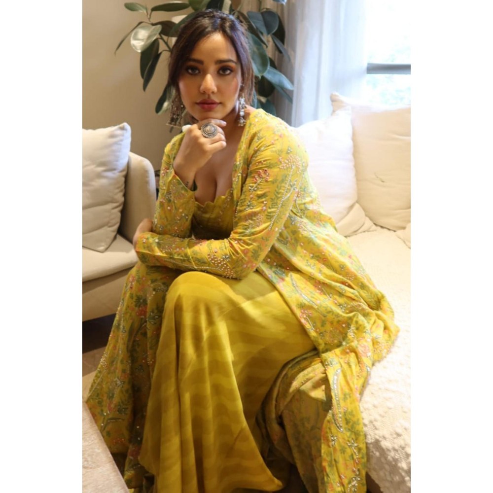 Paulmi & Harsh Neha Sharma In The Yami Lime Yellow Lehenga & Blouse and Palazzo With Jacket