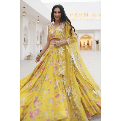 Paulmi & Harsh Chiniya Silk Yellow Embroidered Lehenga with Blouse & Dupatta