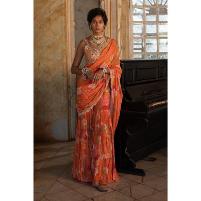 Paulmi & Harsh Inaara Sharara Embellished Rust Saree with Stitched Blouse