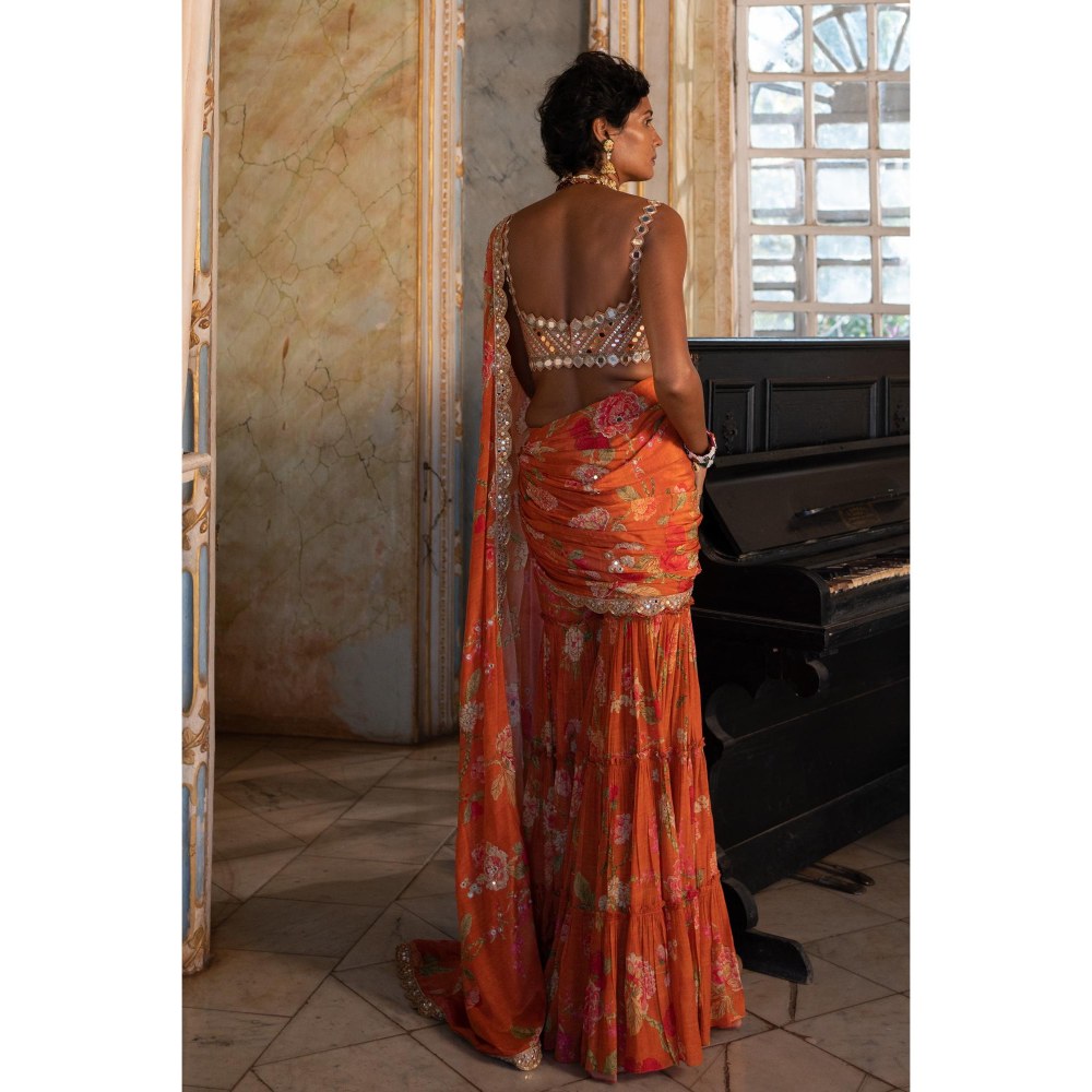 Paulmi & Harsh Inaara Sharara Embellished Rust Saree with Stitched Blouse