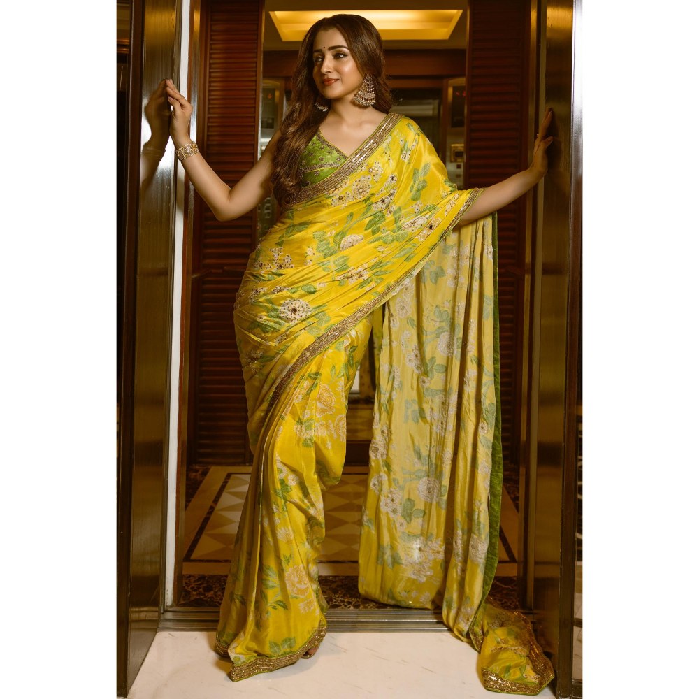 Paulmi & Harsh Trisha Krishnan Embellished Predraped Yellow Saree with Stitched Blouse