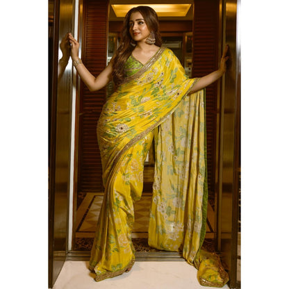 Paulmi & Harsh Trisha Krishnan Embellished Predraped Yellow Saree with Stitched Blouse