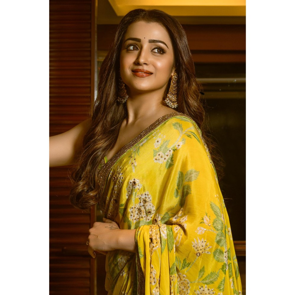 Paulmi & Harsh Trisha Krishnan Embellished Predraped Yellow Saree with Stitched Blouse