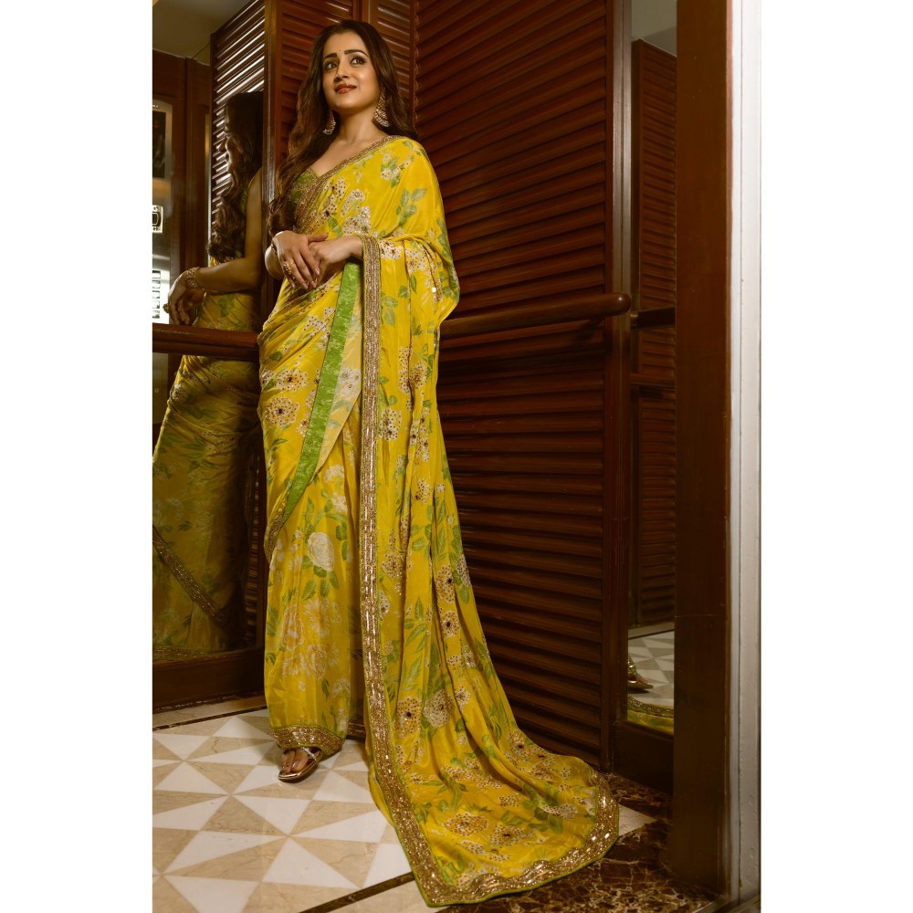 Paulmi & Harsh Trisha Krishnan Embellished Predraped Yellow Saree with Stitched Blouse