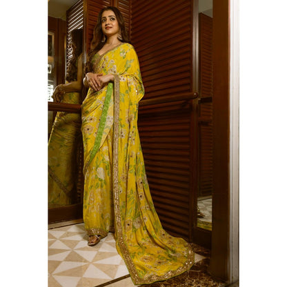 Paulmi & Harsh Trisha Krishnan Embellished Predraped Yellow Saree with Stitched Blouse
