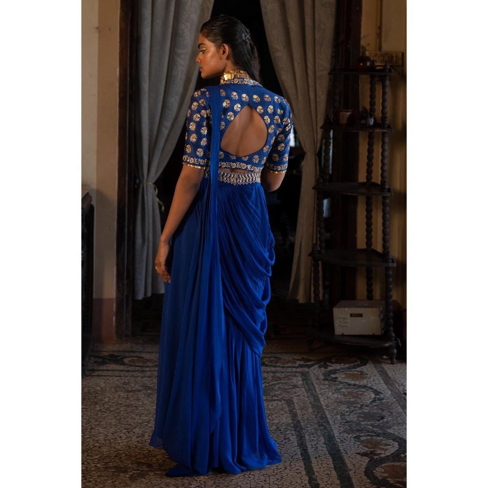 Paulmi & Harsh Tatva Embellished Predraped Blue Saree with Stitched Blouse and Belt