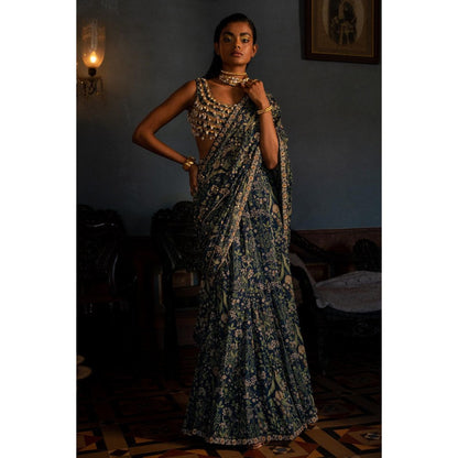Paulmi & Harsh Dew Embellished Predraped Navy Blue Saree with Stitched Blouse