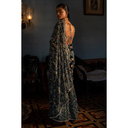 Paulmi & Harsh Dew Embellished Predraped Navy Blue Saree with Stitched Blouse