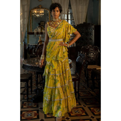 Paulmi & Harsh Safiya Floral Embellished Predraped Yellow Saree with Stitched Blouse and Belt