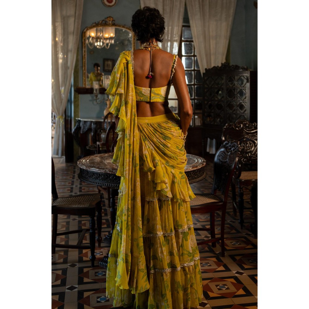 Paulmi & Harsh Safiya Floral Embellished Predraped Yellow Saree with Stitched Blouse and Belt