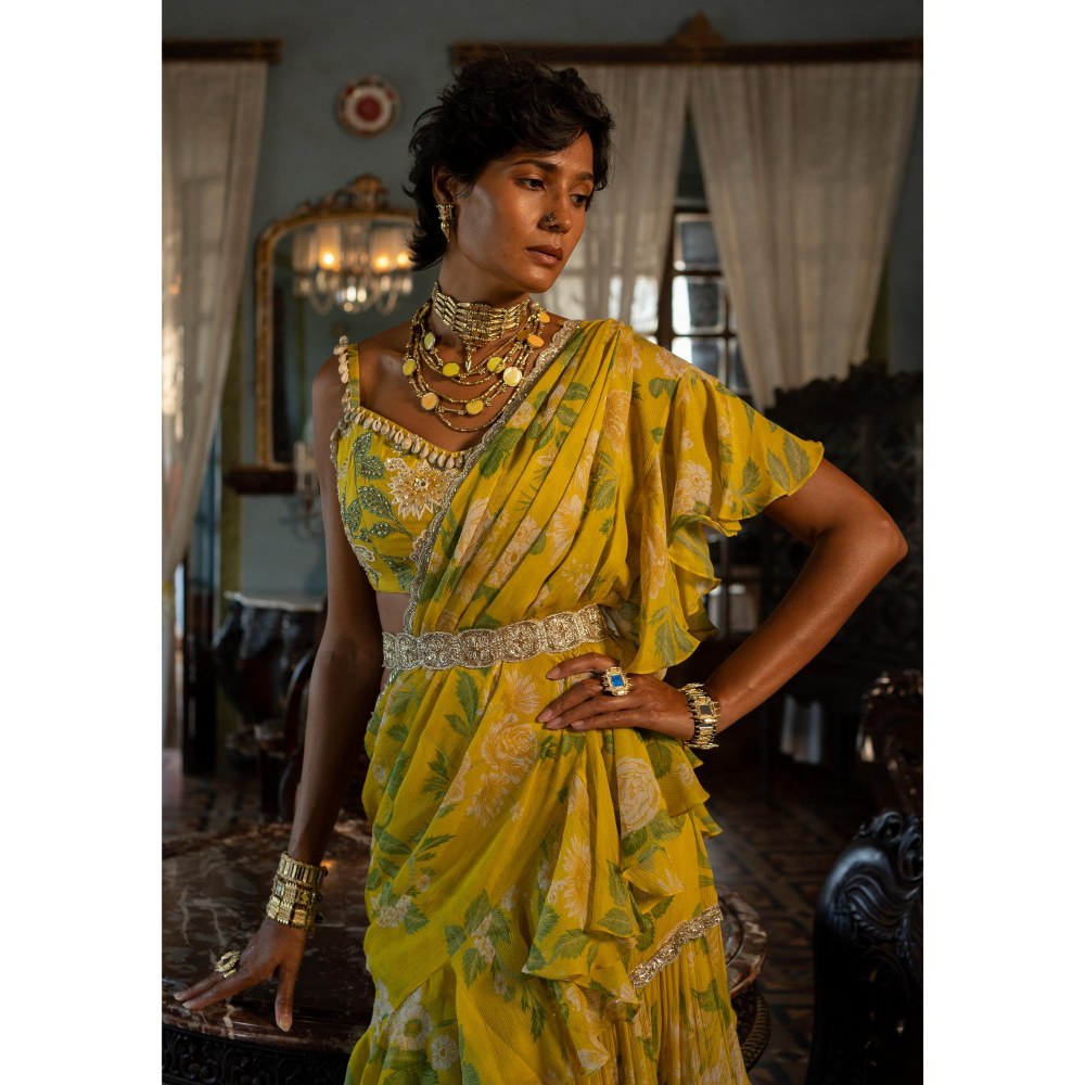 Paulmi & Harsh Safiya Floral Embellished Predraped Yellow Saree with Stitched Blouse and Belt