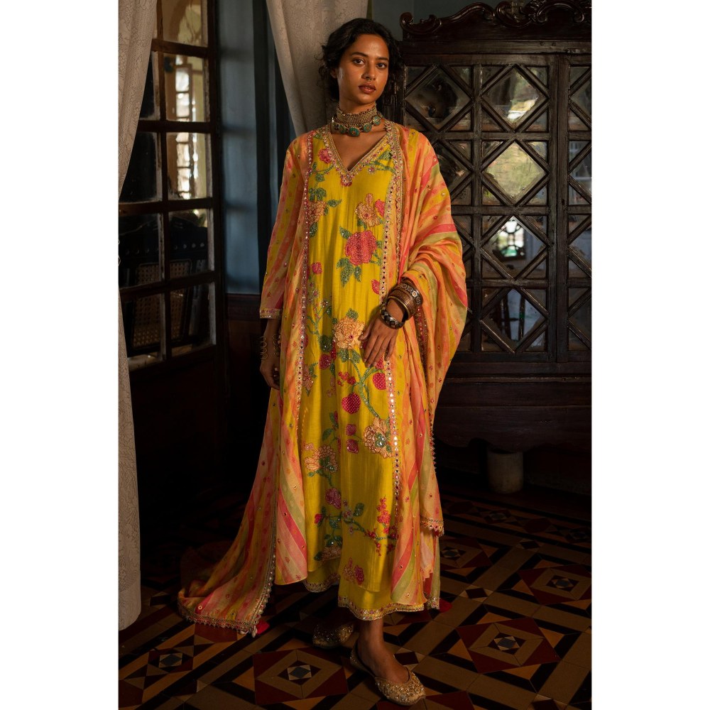 Paulmi & Harsh Women's Yellow Embroidered Kurta With Pant And Dupatta