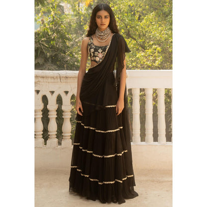 Paulmi & Harsh Black Pre Drape Saree with Stitched Blouse