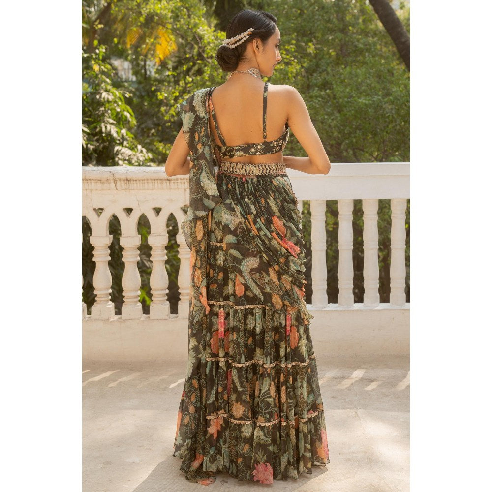 Paulmi & Harsh Black Pre Drape Saree with Stitched Blouse and Belt