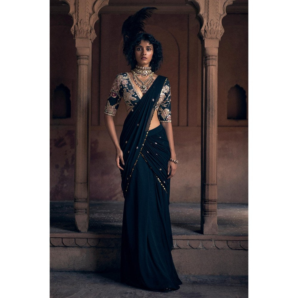 Paulmi & Harsh Black Pre Drape Saree with Stitched Blouse and Belt