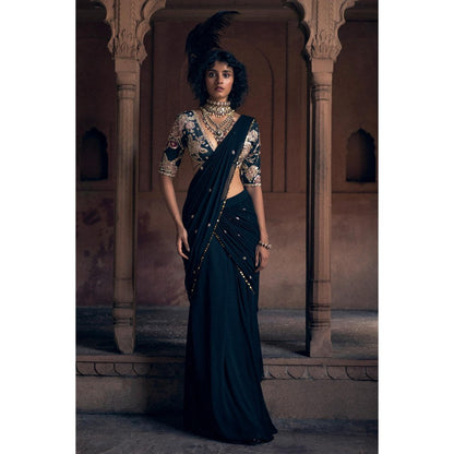 Paulmi & Harsh Black Pre Drape Saree with Stitched Blouse and Belt