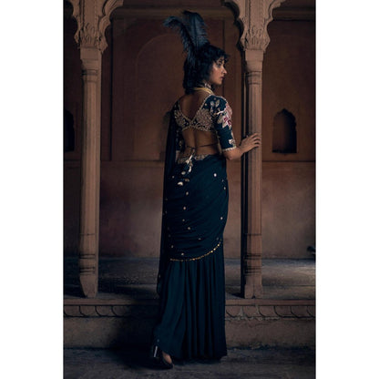 Paulmi & Harsh Black Pre Drape Saree with Stitched Blouse and Belt