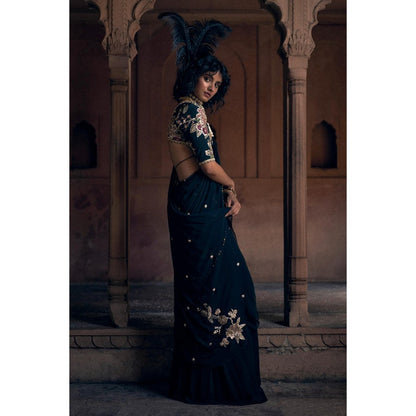 Paulmi & Harsh Black Pre Drape Saree with Stitched Blouse and Belt
