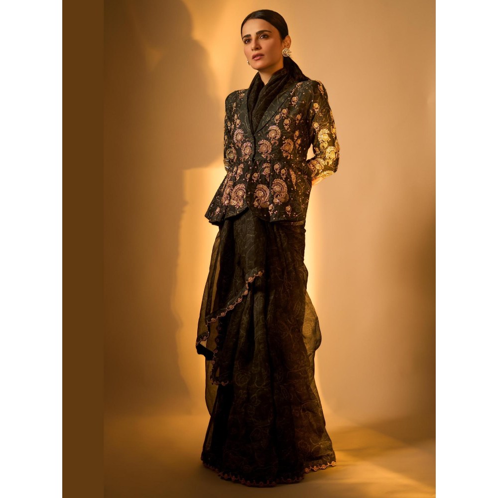 Paulmi & Harsh Black Pre Drape Saree with Top with Jacket and Petticoat