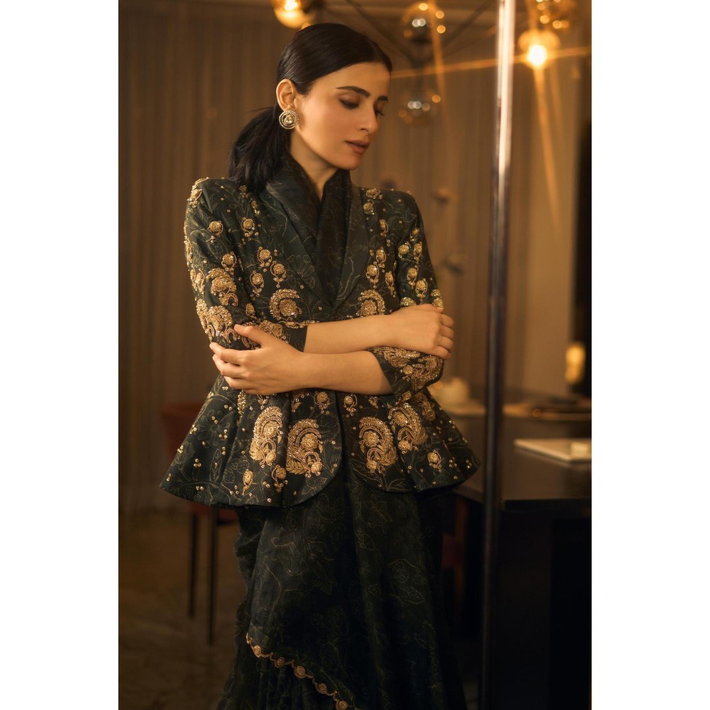 Paulmi & Harsh Black Pre Drape Saree with Top with Jacket and Petticoat